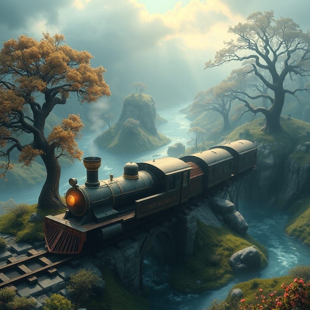 Whimsical Locomotive in Surreal Dreamscape