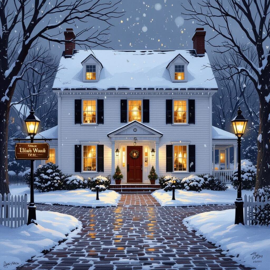 Charming Inn on a Snowy Night in Watercolor Style