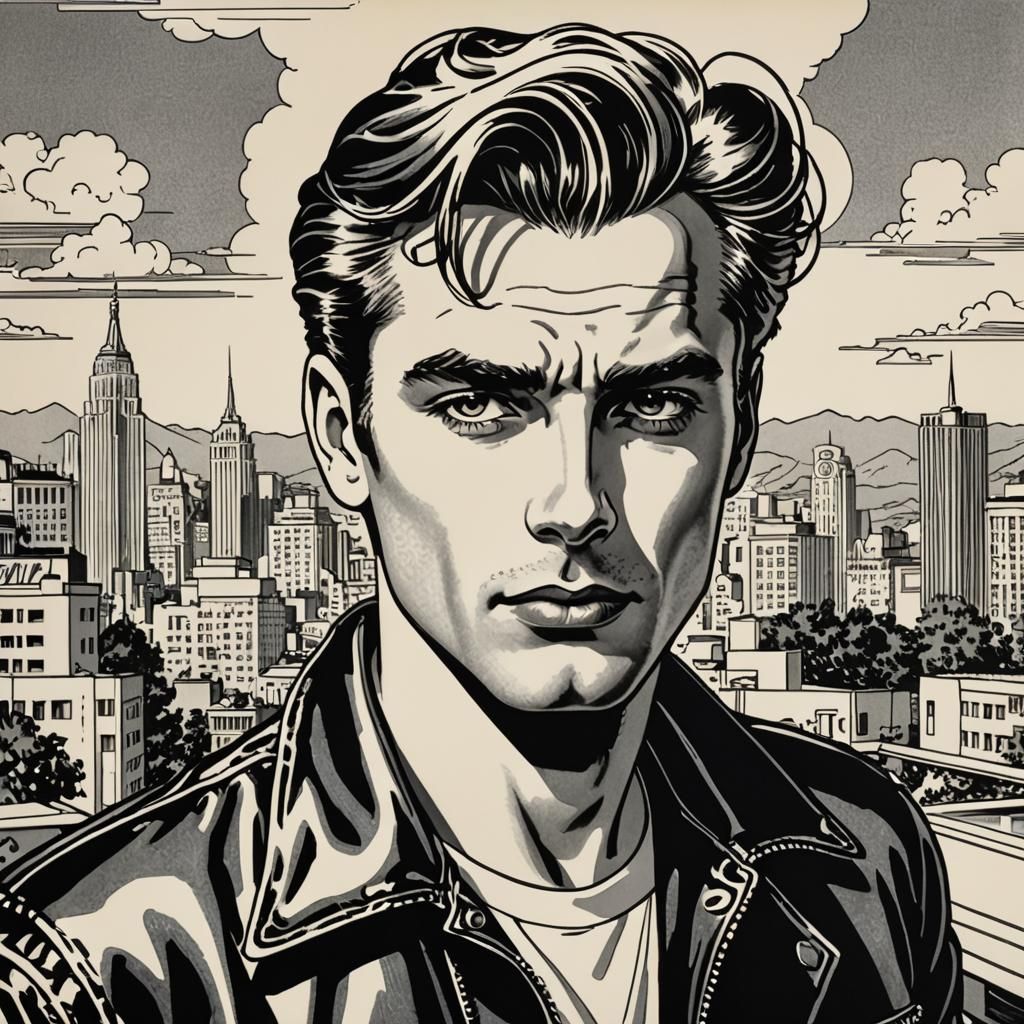 Handsome Greaser Reflects at Rooftop Pool, in Comic Book Art...