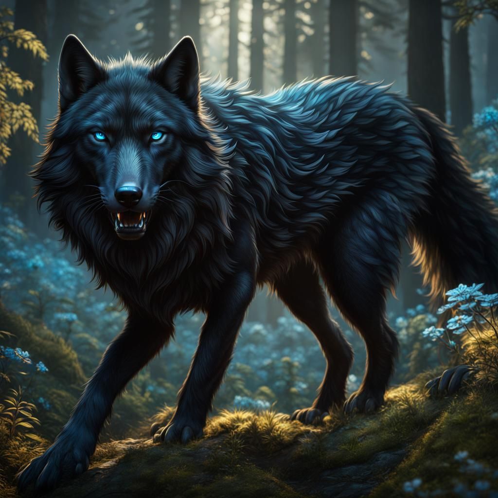 Giant Black Wolf with Blue Eyes in Detailed Digital Art