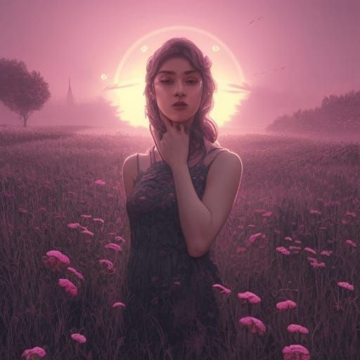 Glowing Pink Flowers in Monochrome Town at Sunset