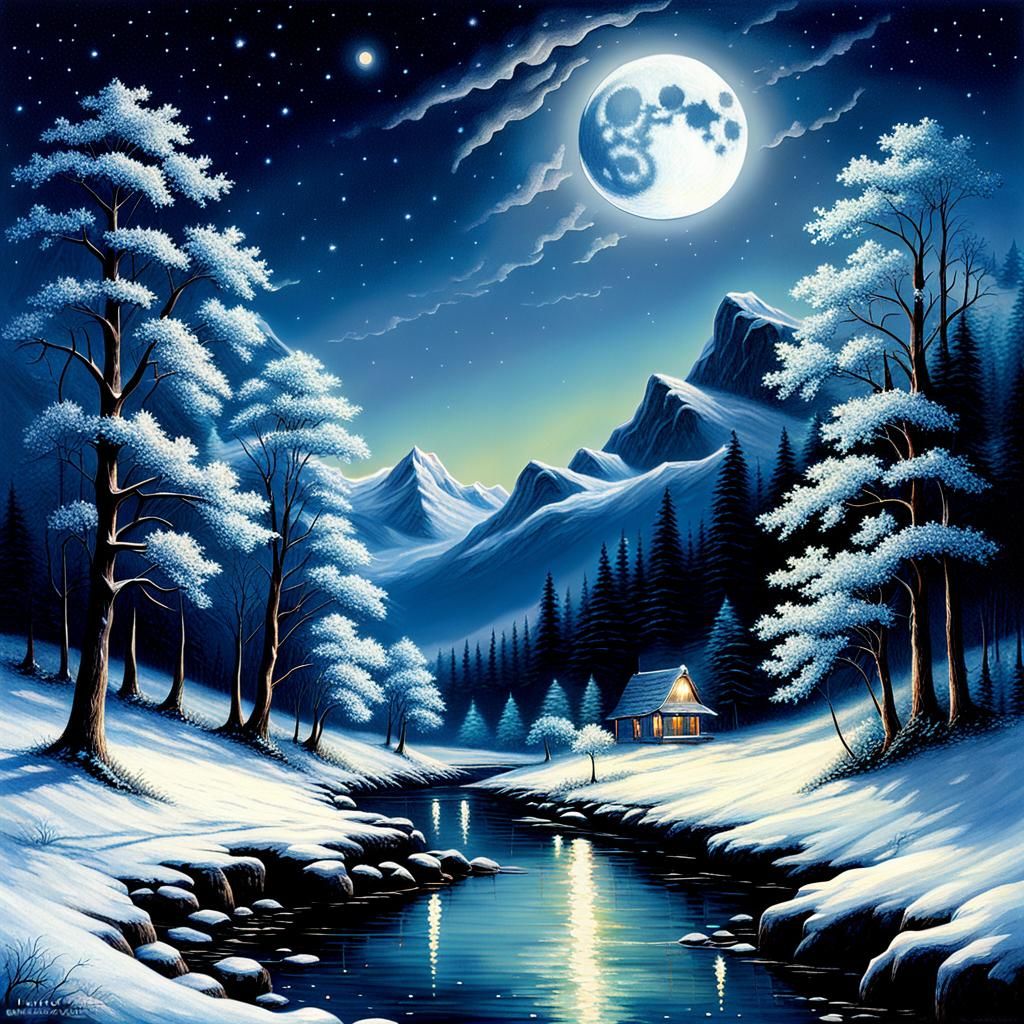 Diamond Moonlit Night Sky in Luminist Style