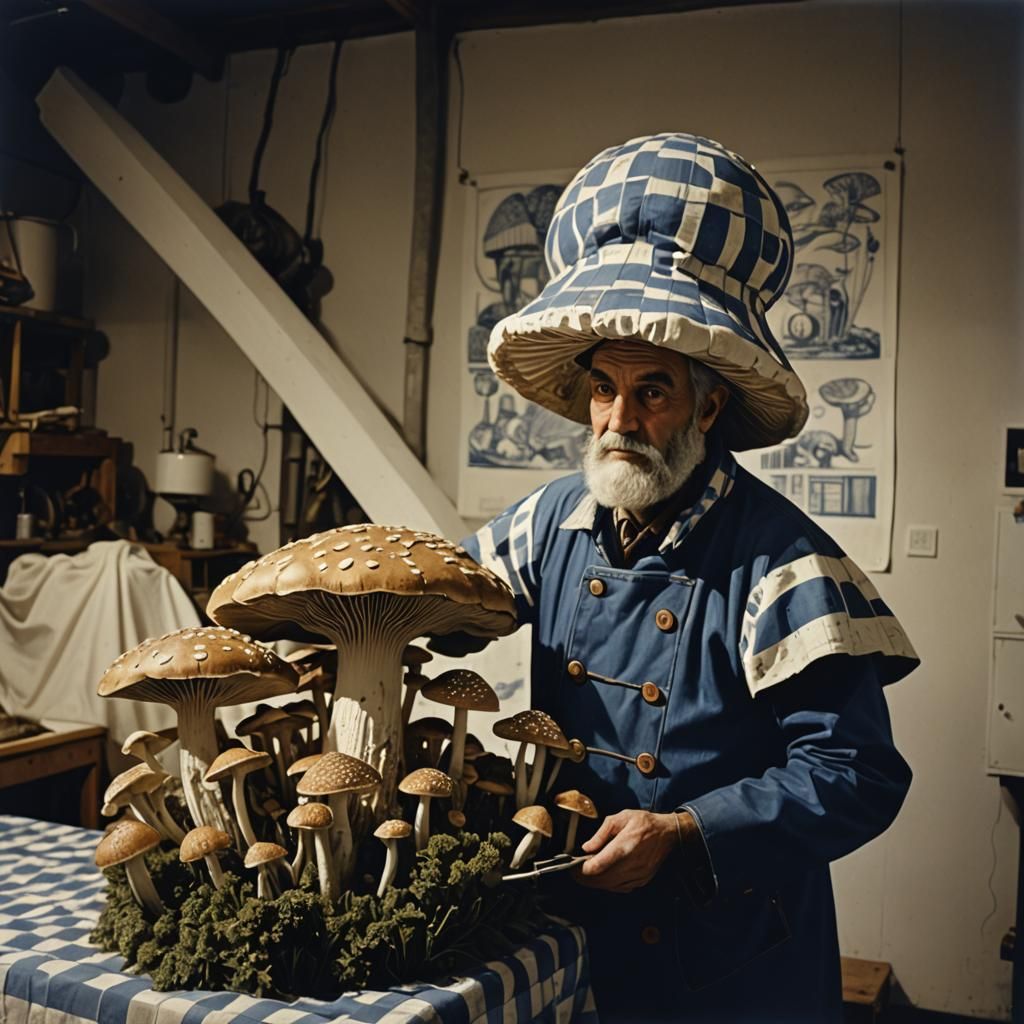 Mushroom Cultivation: A Blue and White Linocut Scene