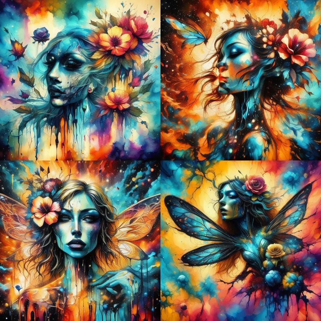 Ethereal Fairy in Abstract Floral Ink Painting