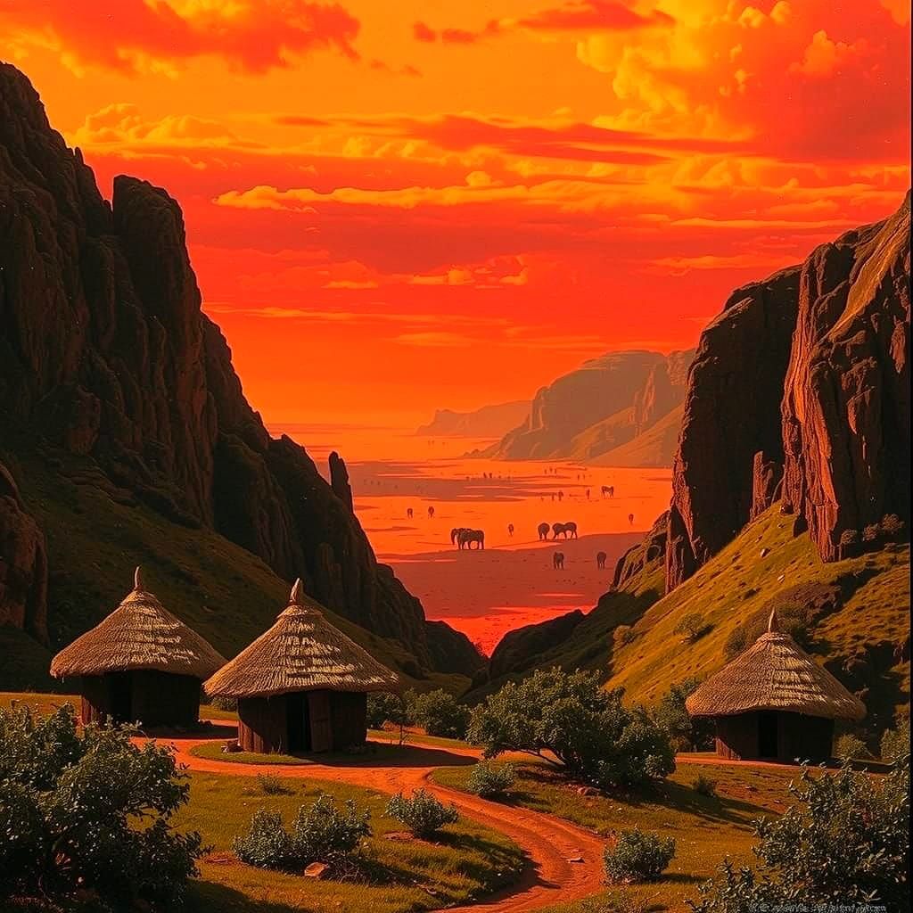 African Huts in Valley at Sunset