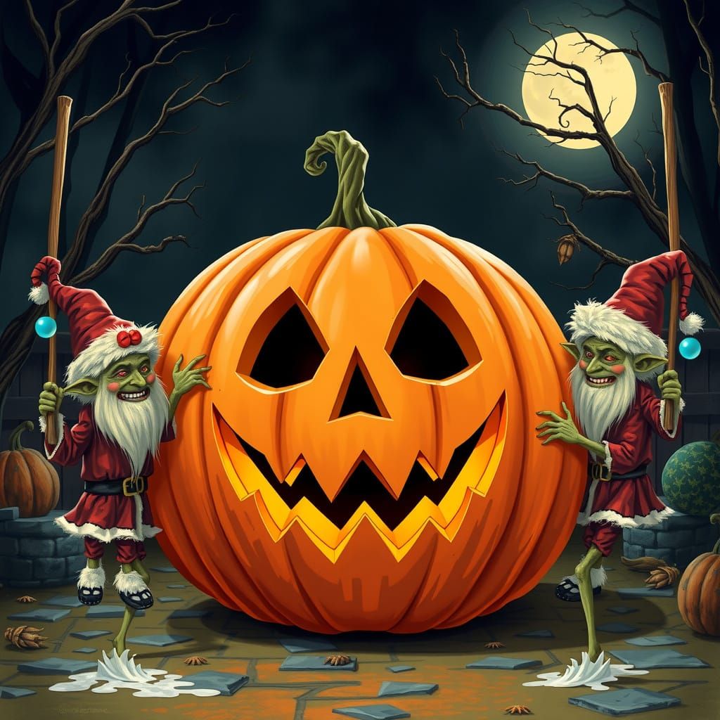 Christmas Goblins Dance Around Giant Halloween Pumpkin
