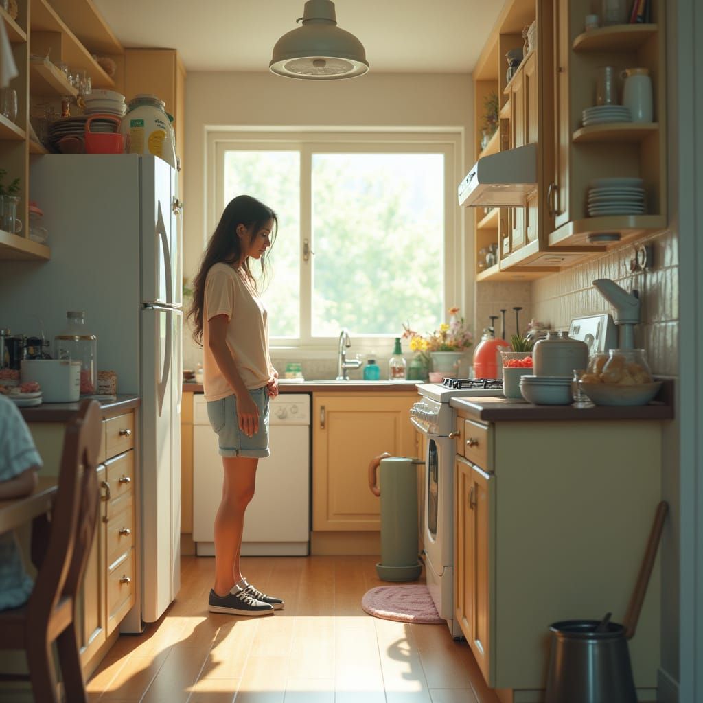 Bright Kitchen Scene: Woman Asks for Cleaning Help