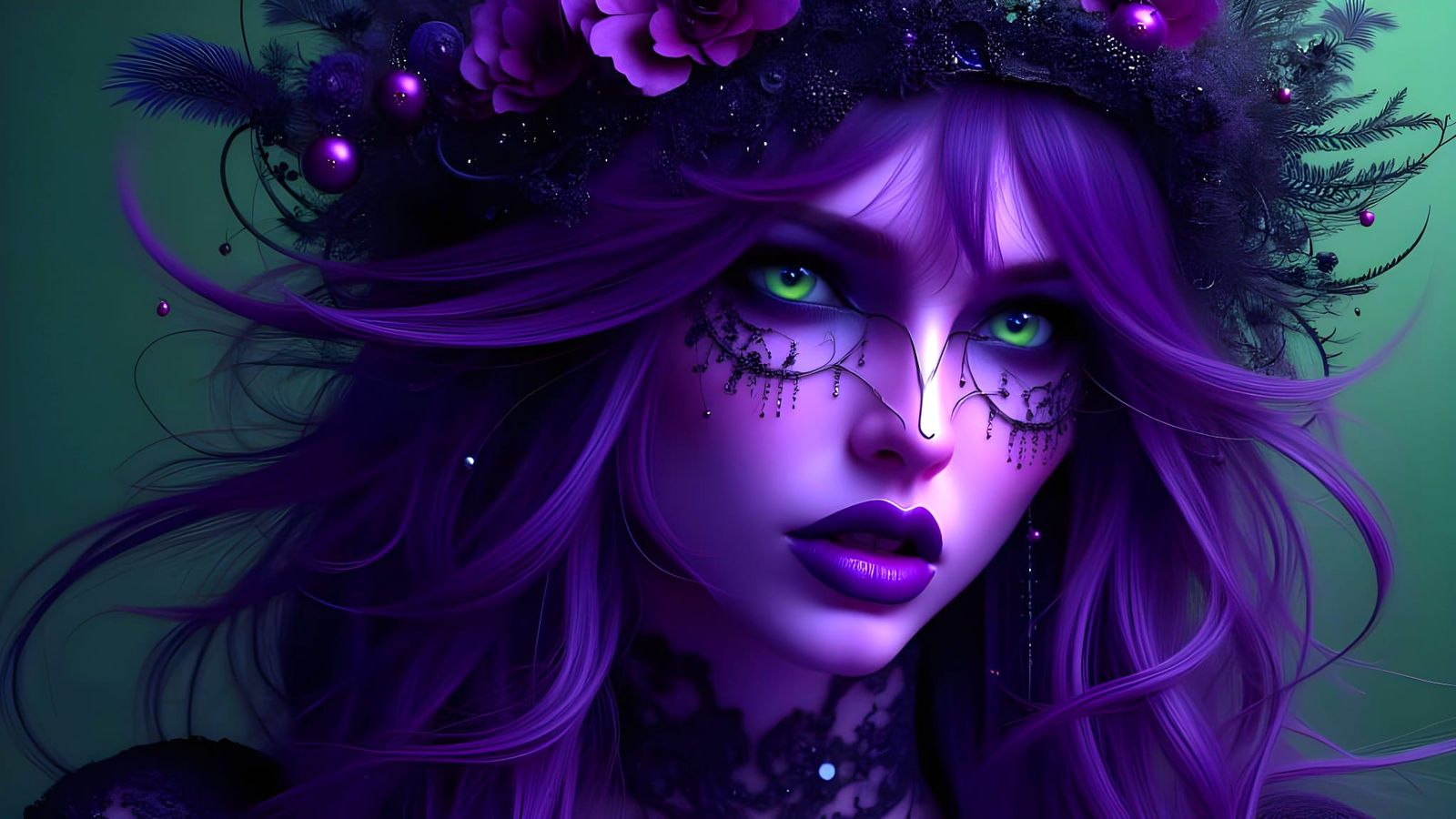 Green-Eyed Sorceress in Gothic Digital Painting