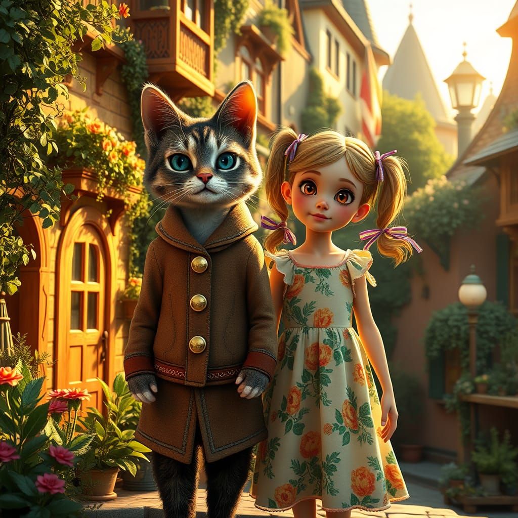 Cat Scout and Girl Explore Port Sunny in Fantasy Style