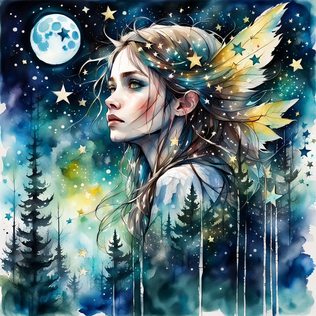 Magical Fairy in Forest Under Moonlight, Watercolor Art