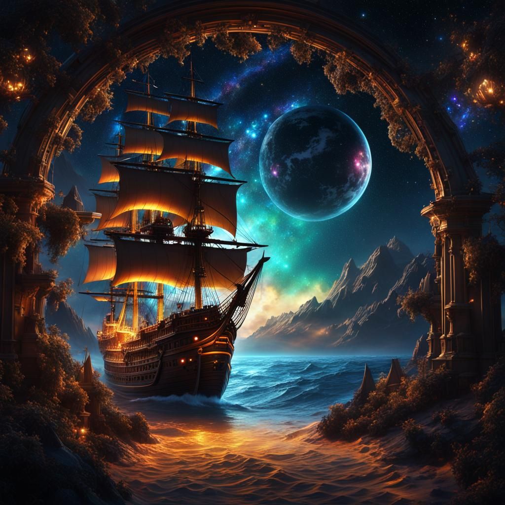 Pirate Ship Soaring Through a Cosmic Galaxy