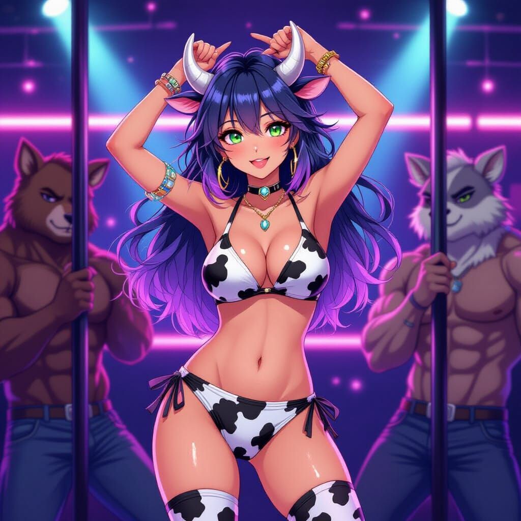 Anime Cowgirl Dances in Neon Club with Furry Men