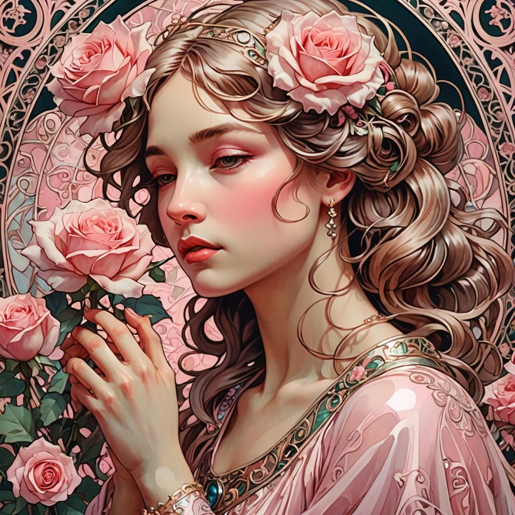 Delicate pink lady offering a pink rose