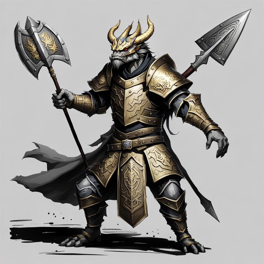 Gold Dragonborn Artificer with Spear and Shield
