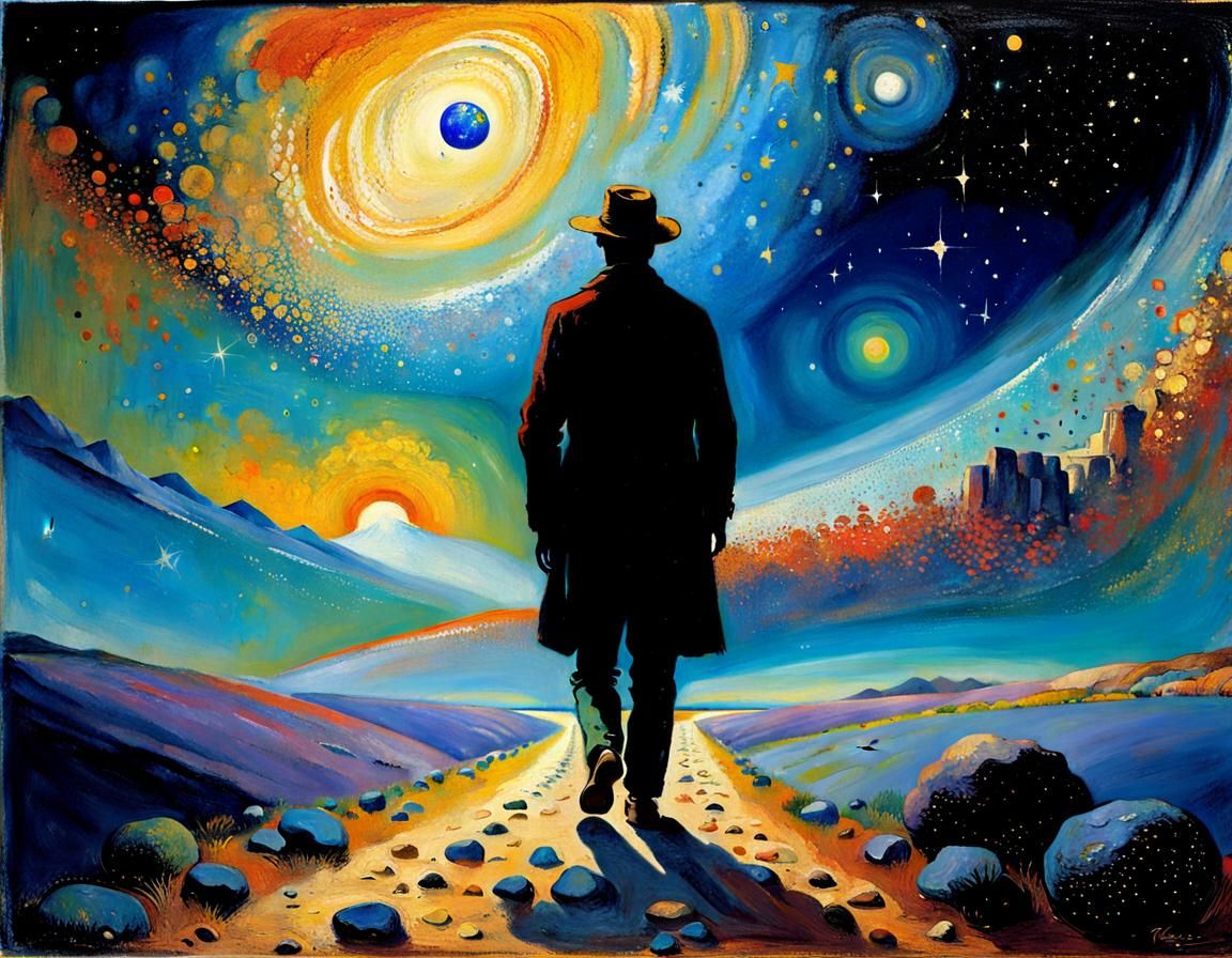Cosmic Wanderer in Dreamlike Landscape
