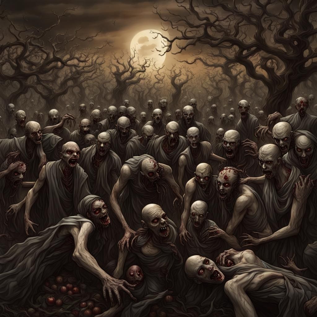 Zombie Horde Feast in Apple Orchard: Macabre Digital Art