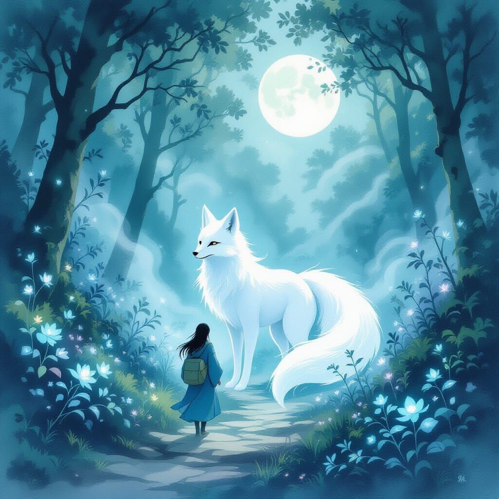 Mystical Fox Spirit Guides Traveler Through Enchanted Forest...