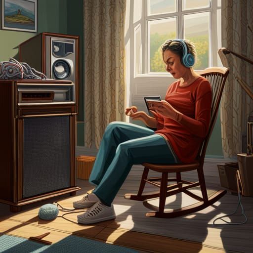 Woman Knitting and Listening to Walkman: Hyperrealistic Spla...