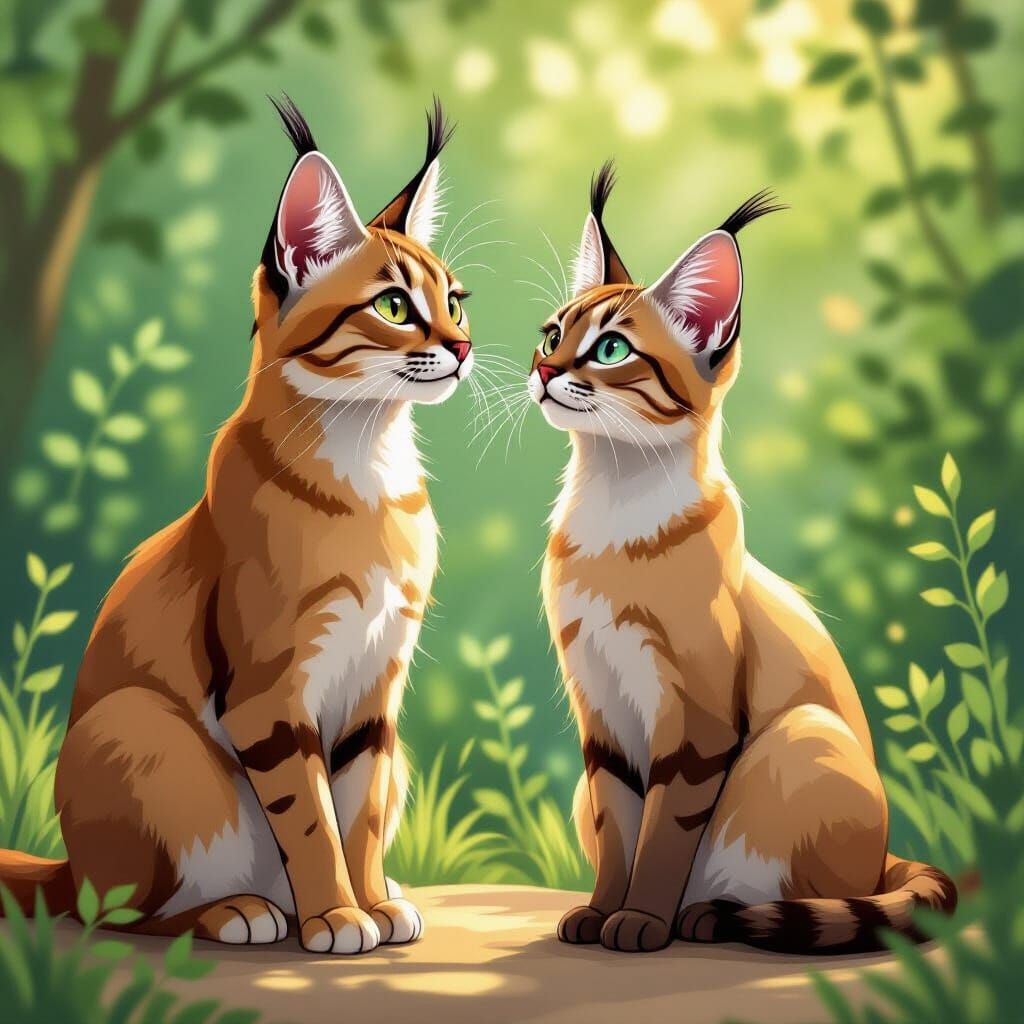 Caracal and Siamese Cats in Golden Age Illustration Style
