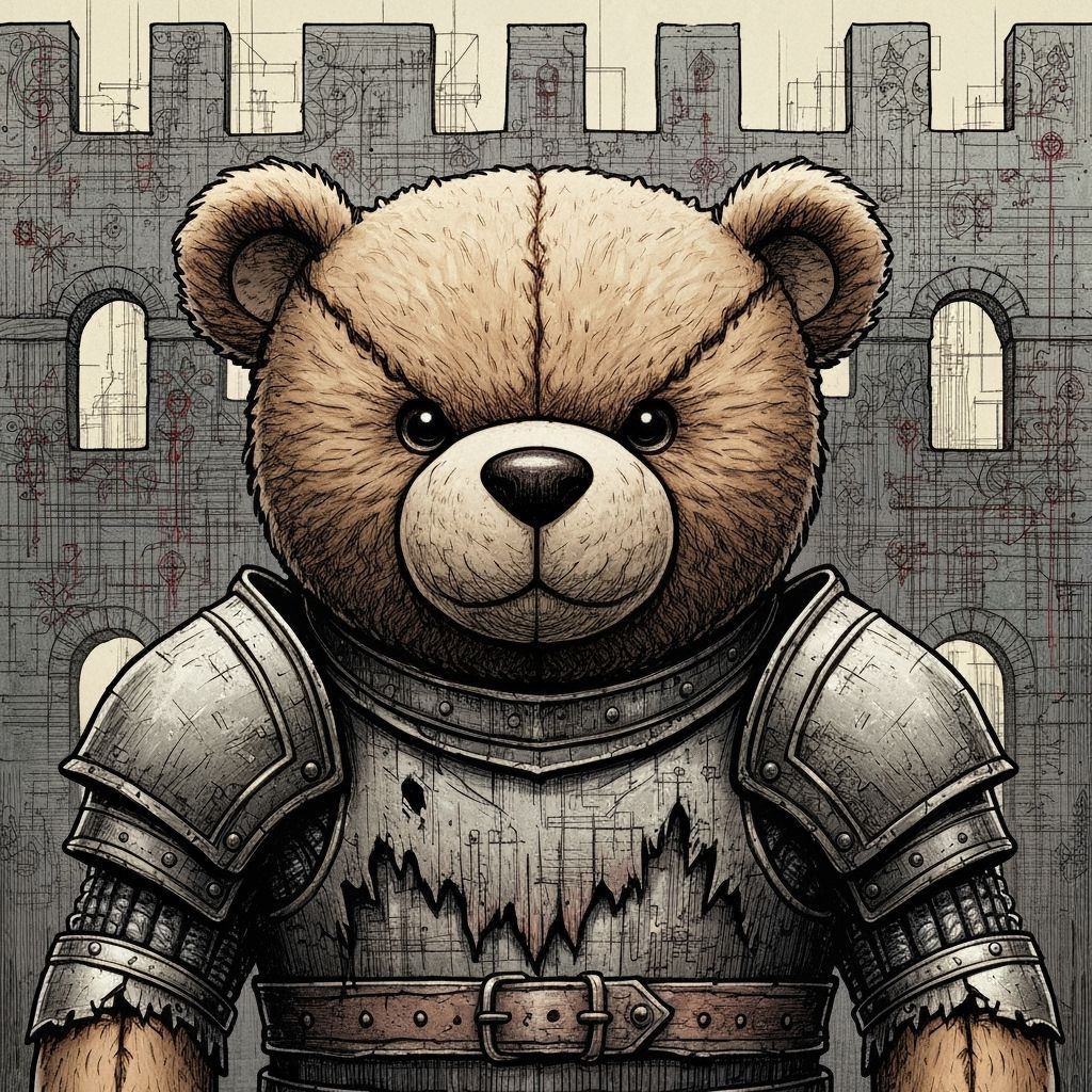 Menacing Teddy Bear in Medieval Armor, Dystopian Grimdark