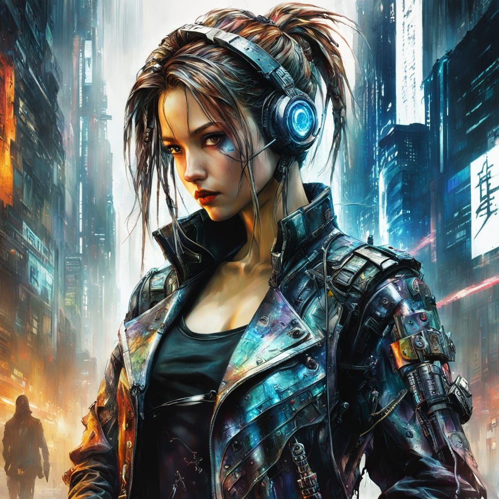 Cyberpunk Hacker Portrait in Dystopian Setting