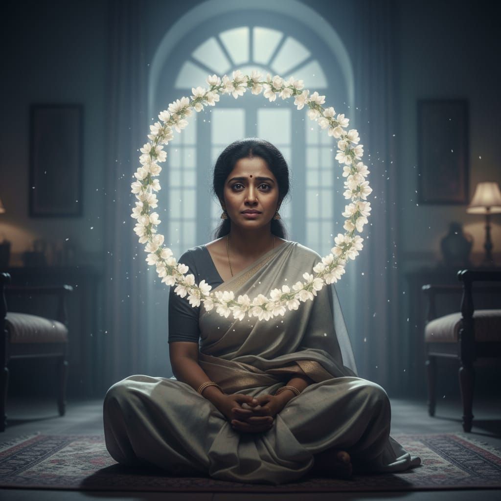 Tamil Woman's Night Vigil: Jasmine Garland, Pastel Moonlight