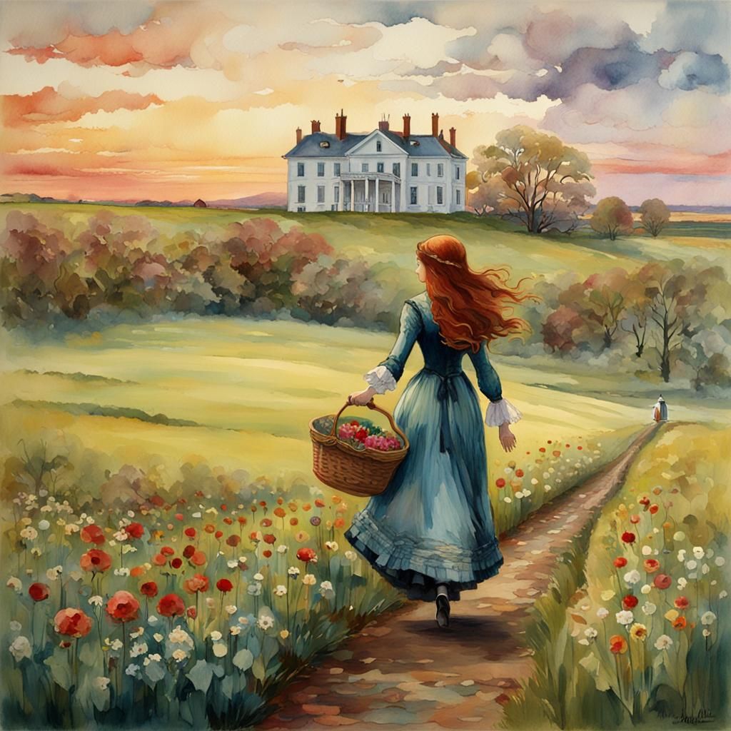 Victorian Woman in Field, Waterhouse-Style Watercolor