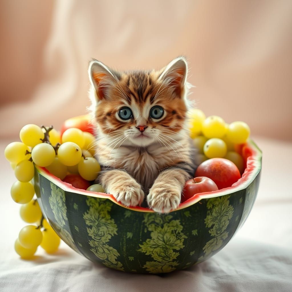Whimsical Cat in a Fruit Still Life