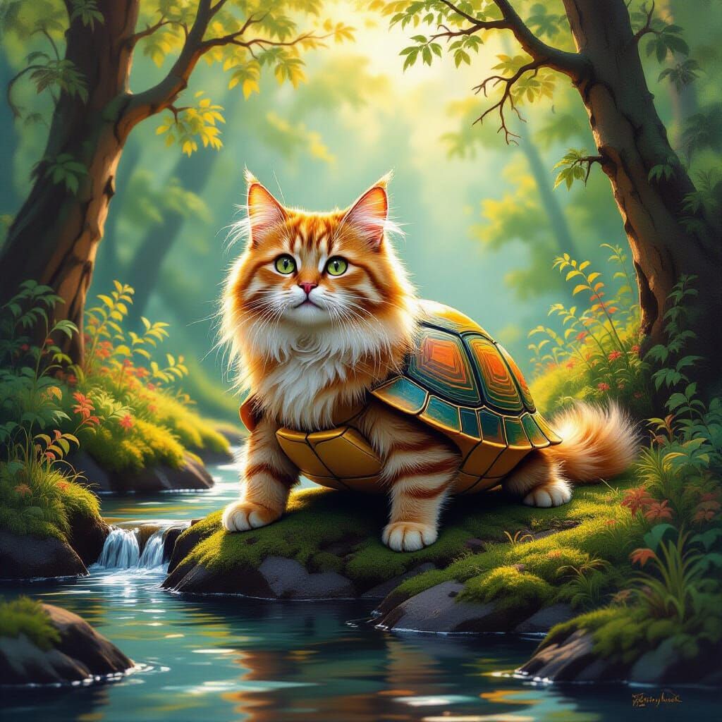 Whimsical Cat-Turtle Hybrid Creature Sitting by Stream