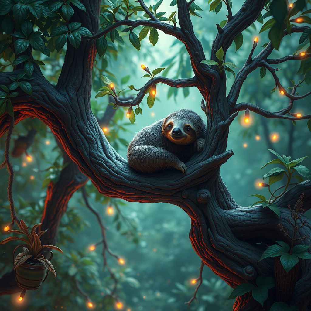 Sloth in Mystical Forest, Fantasy Matte Painting