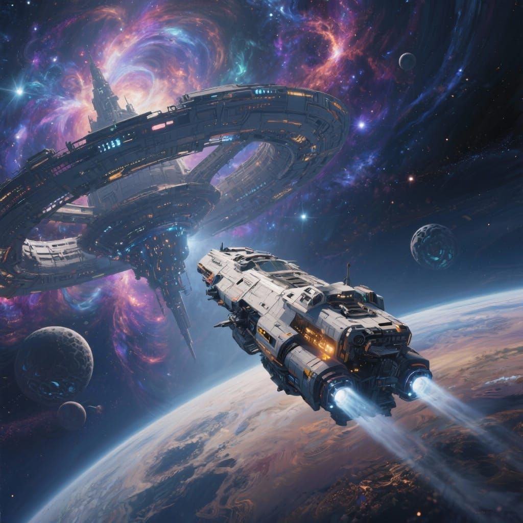 Futuristic Spaceship Approaching Alien Space Station