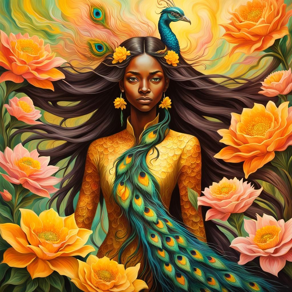 Dragon Peacock Woman in Abstract Expressionist Style
