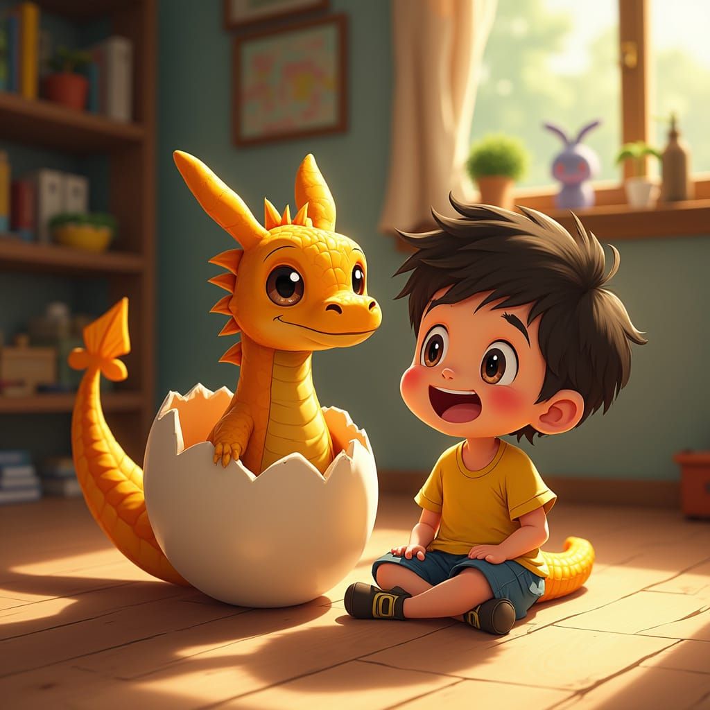 Dragon Emerges from Eggshell in Warm, Cozy Atmosphere