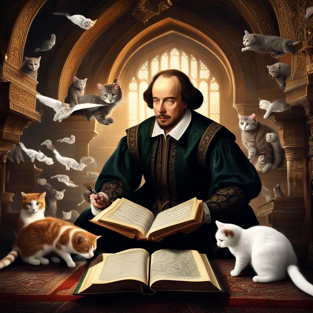 Shakespeare Reading Quran with Cats: Digital Painting