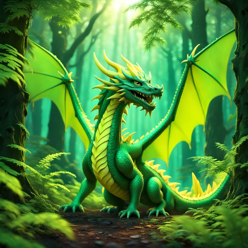 Holographic Neon Dragon in Sunlit Forest