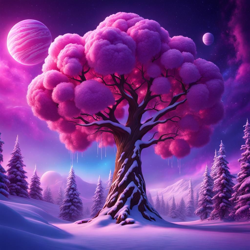 Cotton Candy Tree in Snowy Space, Detailed Matte Painting