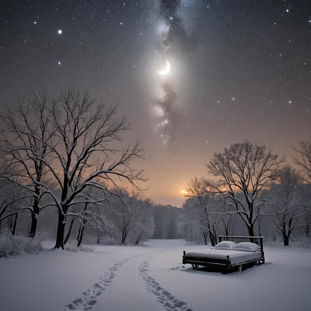 Frozen Winter Night on Silver Snow Bed