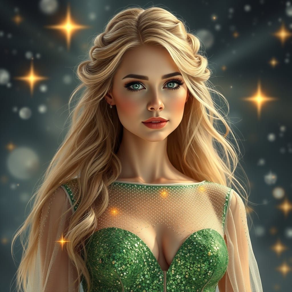 A Captivating Modern Witch in Sparkling Gown, Long Hair, and...