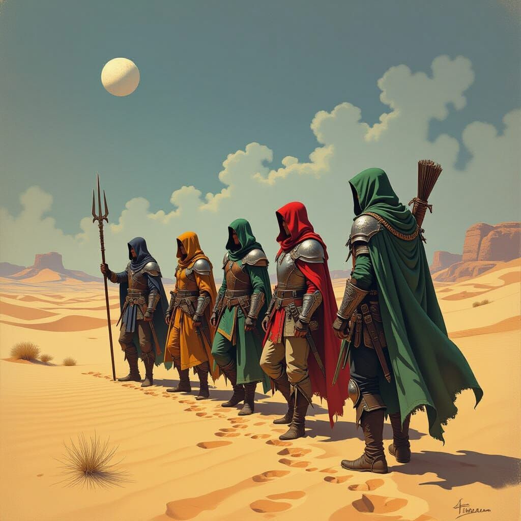 Medieval Adventurers Wander a Desert Landscape