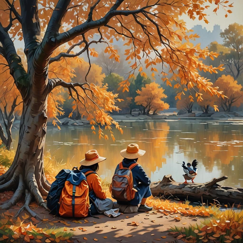 Woman Under Autumn Tree: Impressionist Oil Painting