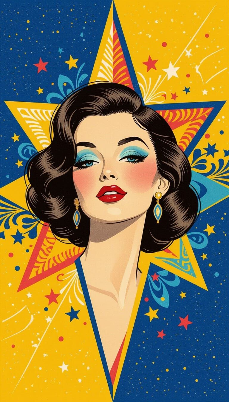 Gouache Painting of Star with Lady Face in Blue and Yellow