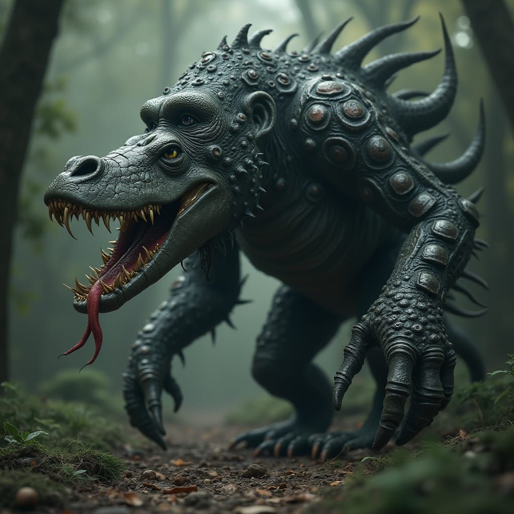 Biomechanical Hybrid Creature in Mystical Setting