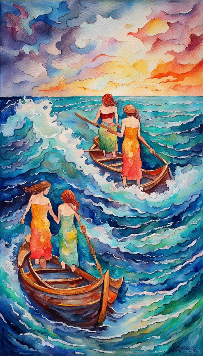Poseidon's Daughters at Sea in Expressionist Watercolor