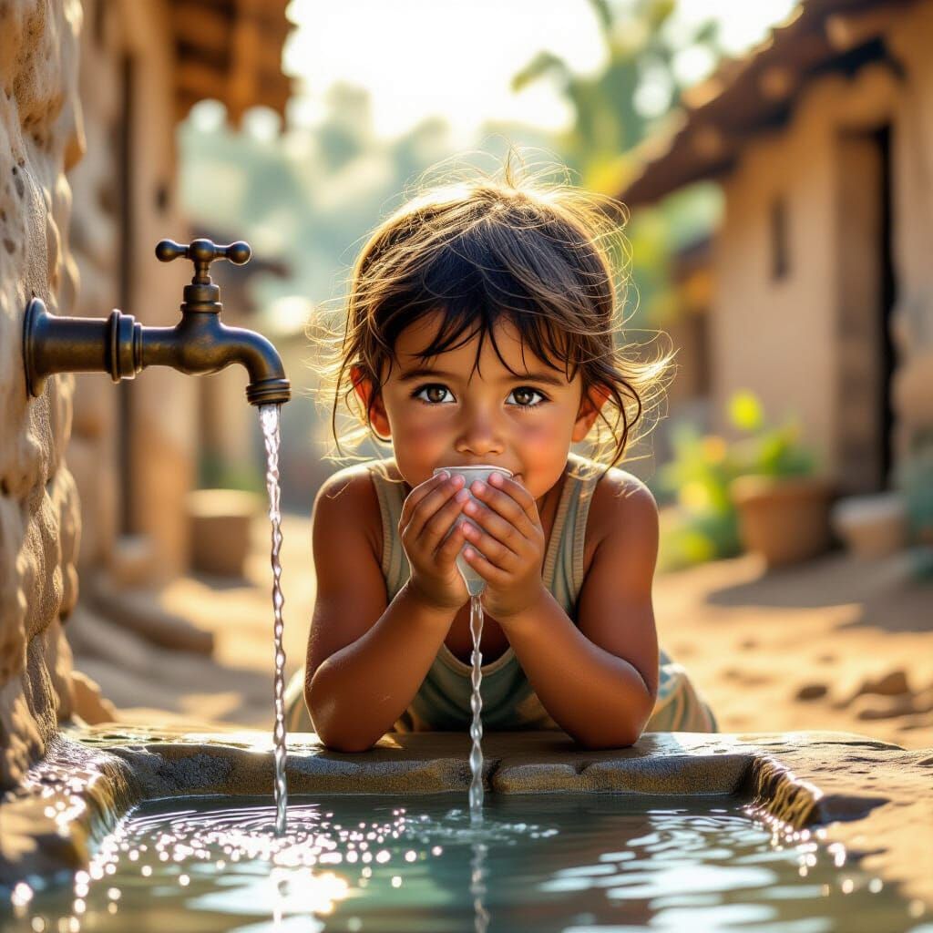 Child Drinks Clean Water in Sunlit Rural Village