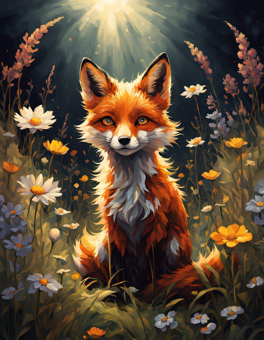 Fox Cub in Wildflower Meadow, Klimt-Inspired Splash Art
