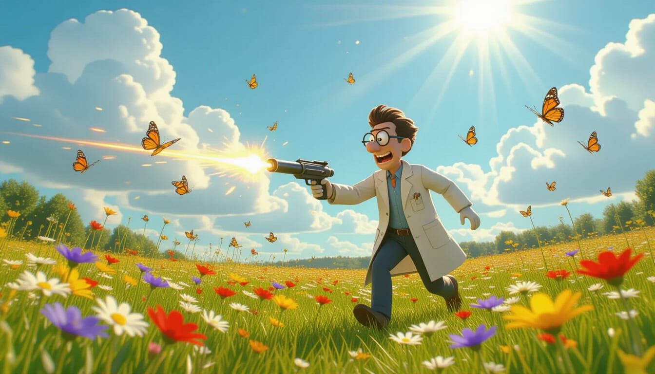 Scientist with Ray Gun in Meadow, Aardman Animation Style