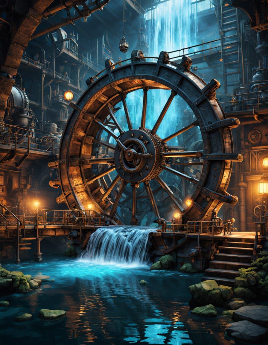 Ethereal Steampunk Waterwheel in Industrial Fantasy