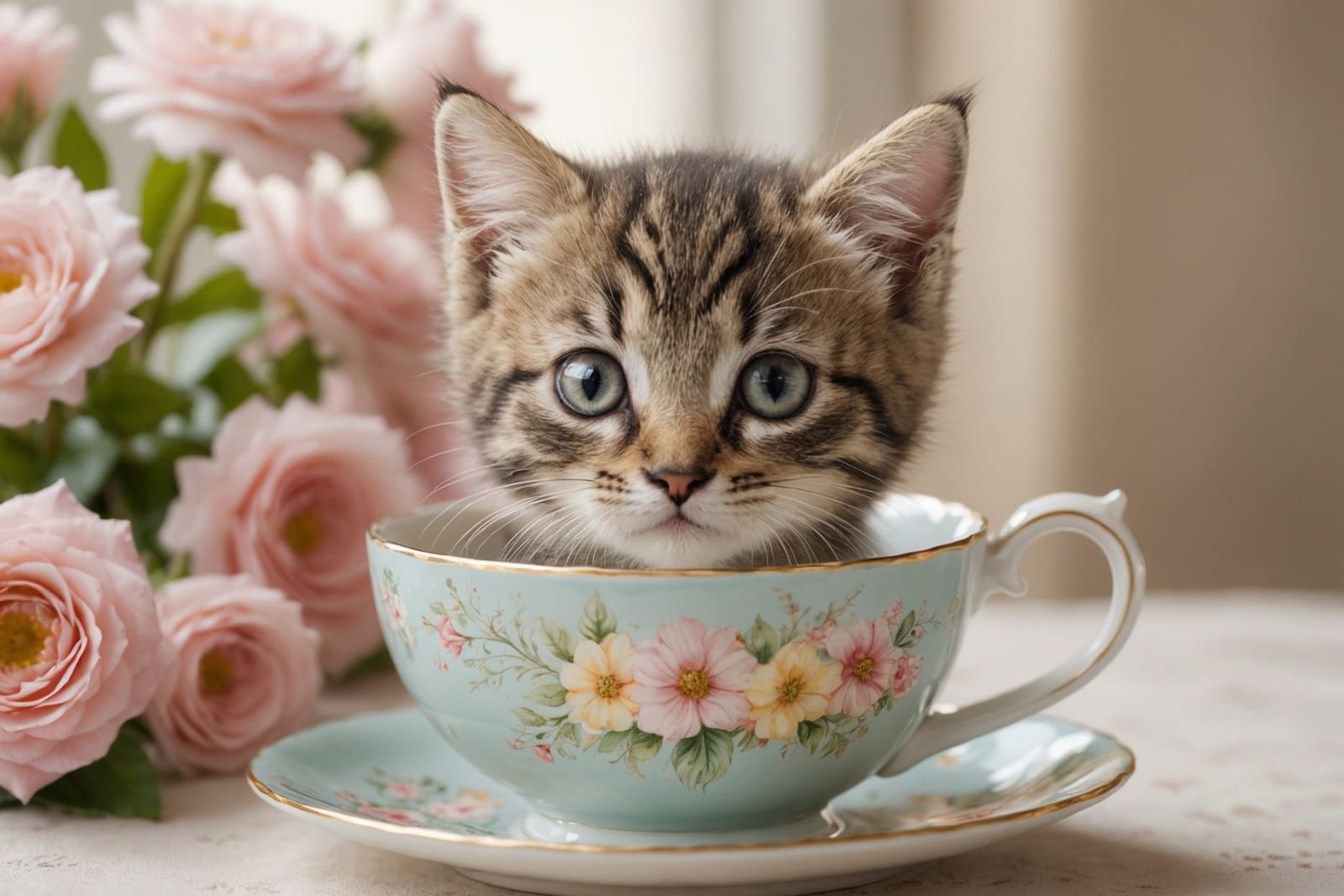 Kitten Peeks Out of Floral Teacup