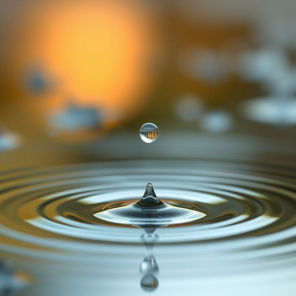 Suspended Raindrop on Water's Edge in Dreamlike Lighting