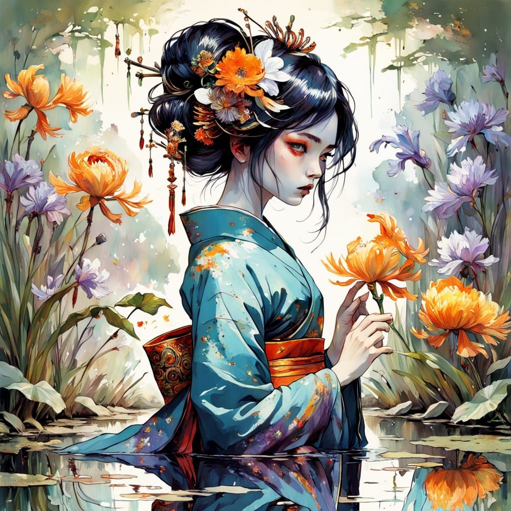 Dark Fantasy Geisha Reflects in Pond Under Outer Space